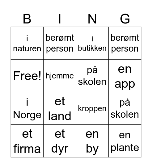 substantiv Bingo Card
