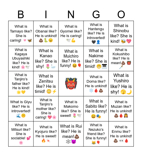 B14 L6 Demon Slayer Personalities Bingo Card