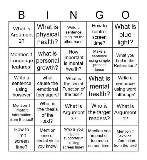 Analytical Text Bingo Card