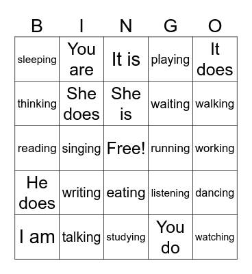 Present Progressive Tense Bingo Card
