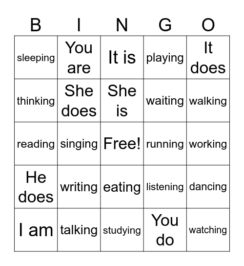 Present Progressive Tense Bingo Card