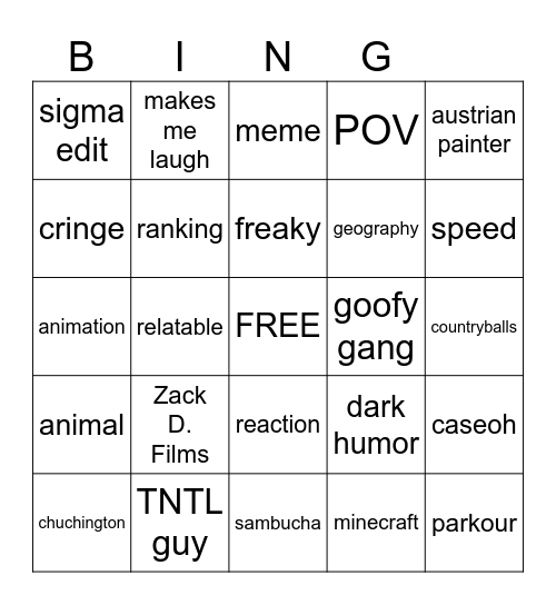 YT Shorts Bingo Card