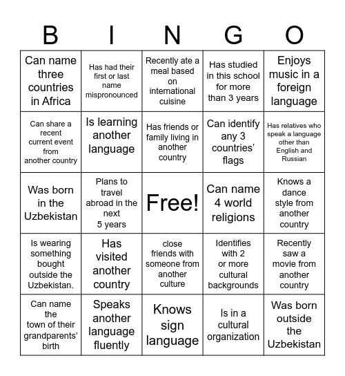 Cultural bingo Card