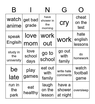 present simple Bingo Card
