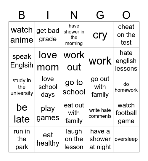 present simple Bingo Card