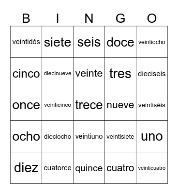 Los números (nombres) Bingo Card