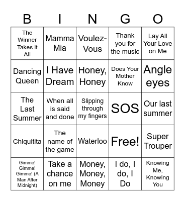 Mamma Mia BINGO Card