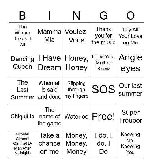 Mamma Mia BINGO Card