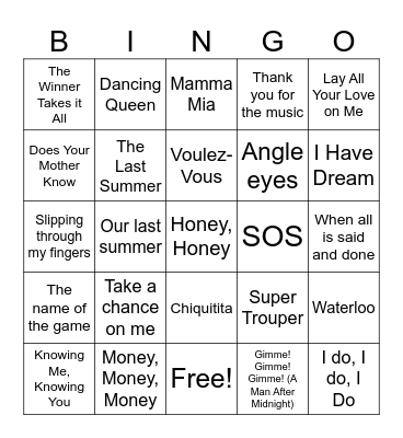 Mamma Mia BINGO Card