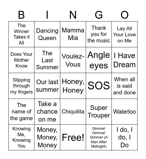 Mamma Mia BINGO Card