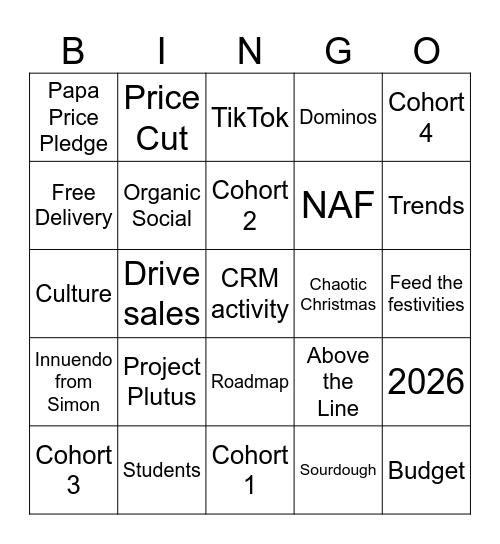Papa Johns Bingo Card