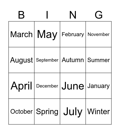 Seasons and Months Bingo Card
