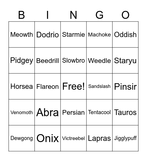 Generation 1 Bingo Card