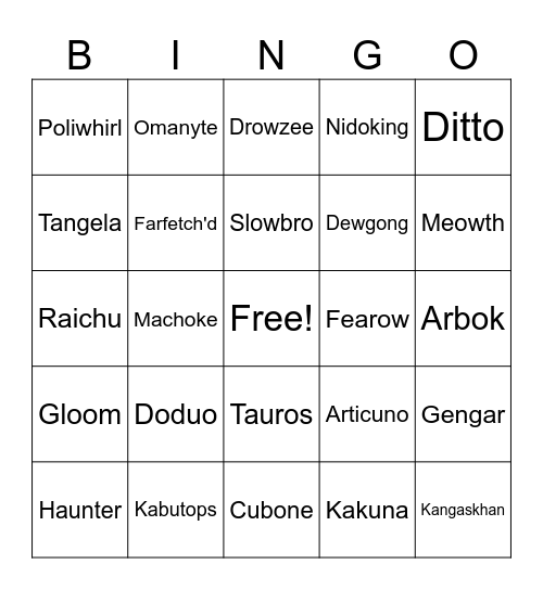 Generation 1 Bingo Card