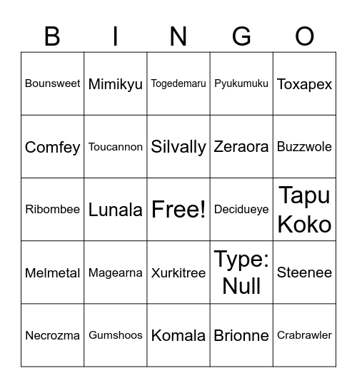 Generation 7 Bingo Card