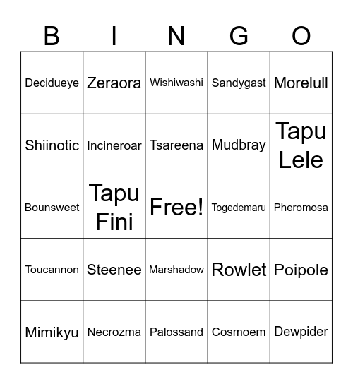 Generation 7 Bingo Card