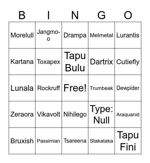 Generation 7 Bingo Card
