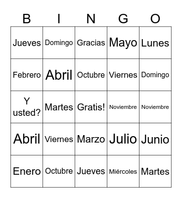 Días de la semana y meses del año Bingo Card