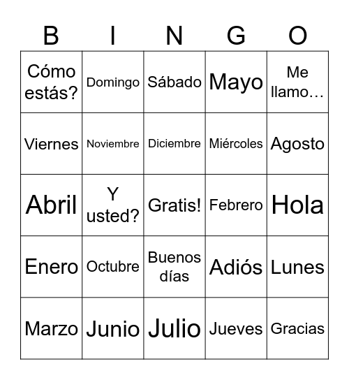 Spanish Review Bingo Card