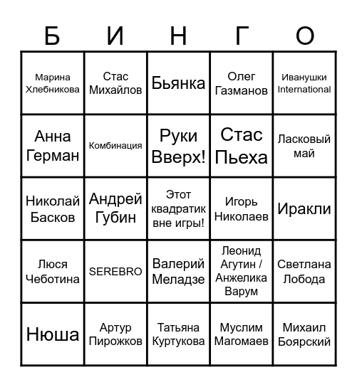 МУЗЫКАЛЬНОЕ БИНГО. Угадай исполнителя и вычеркни его в карточке, составляй 1 линию, 2 линии, всю карточку и кричи "БИНГО" Bingo Card