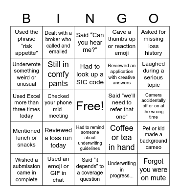 Underwriting Bingo Card