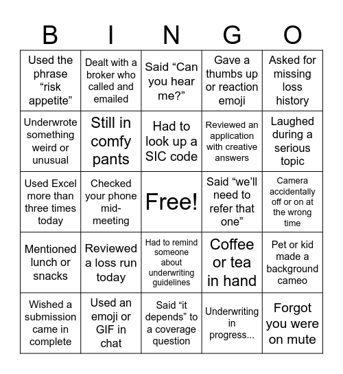 Underwriting Bingo Card