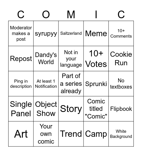 Comic Studio Bingo Card