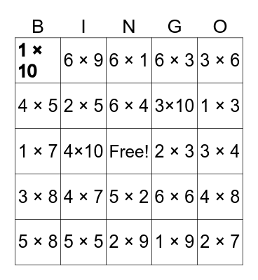 1 to 6 Multiplication Facts Bingo Card