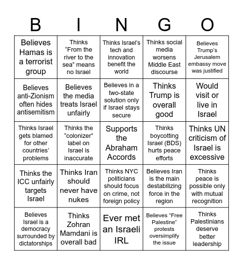 Israel Bingo Card