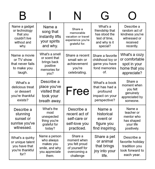 Gratitude Bingo Card