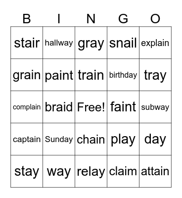 Vowel teams /ai/ and /ay/ Bingo Card