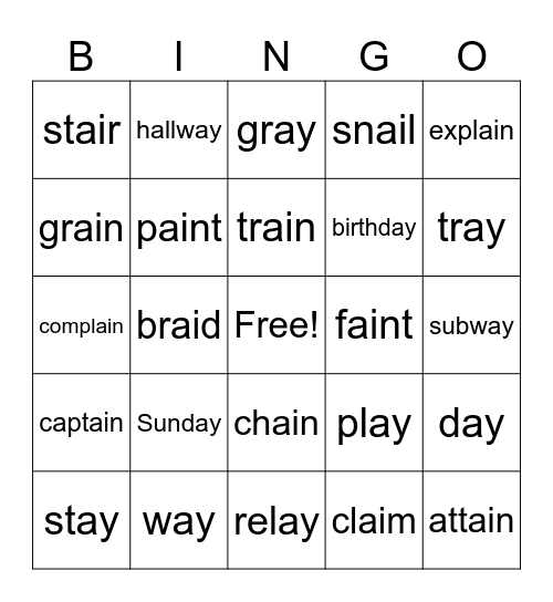 Vowel teams /ai/ and /ay/ Bingo Card