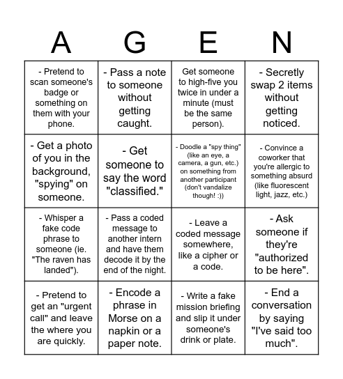 Spy Bingo Card