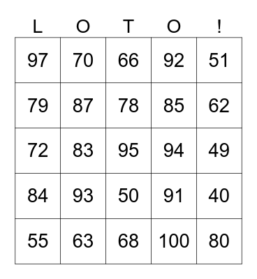 Numeros 40-100 Bingo Card
