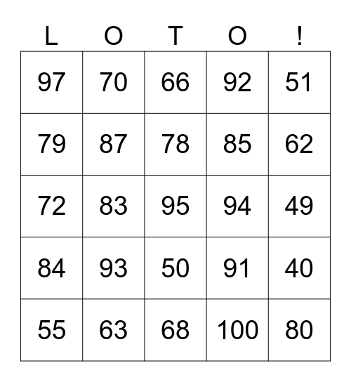Numeros 40-100 Bingo Card