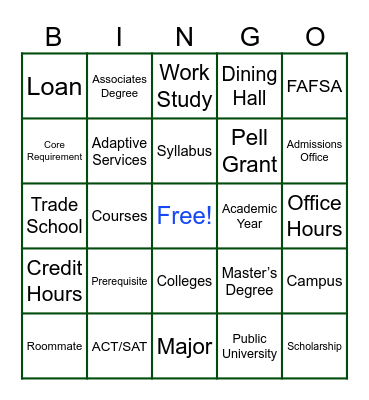 College/University Bingo Cards Bingo Card