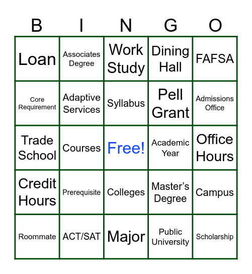 College/University Bingo Cards Bingo Card