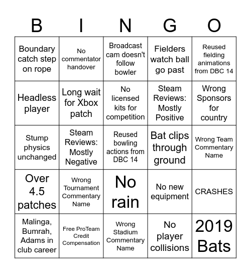 Cricket 26 Launch Bingo Card