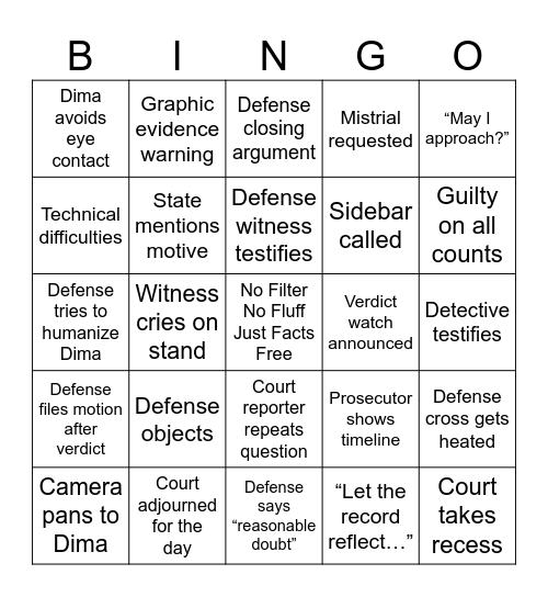 Troubled Orphan Trial Bingo Card