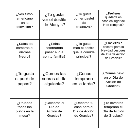 Bingo Humano para El Día de Acción de Gracias Bingo Card