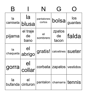 La Ropa Bingo Card