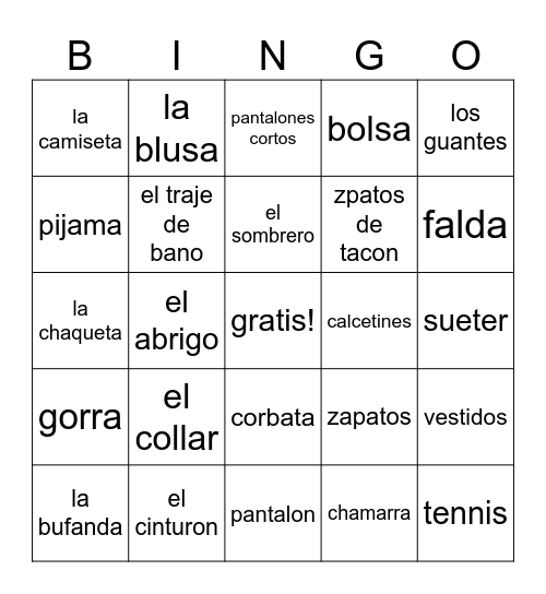 La Ropa Bingo Card