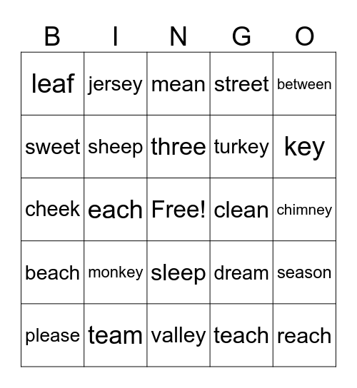 Vowel teams ee, ea, ey long /e/ sound Bingo Card
