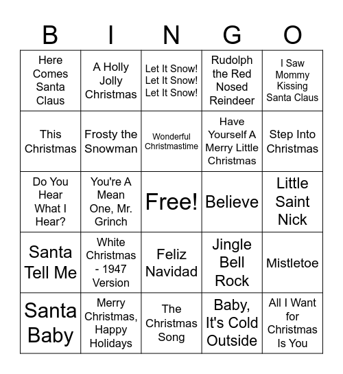 Holiday Music Bingo! Bingo Card