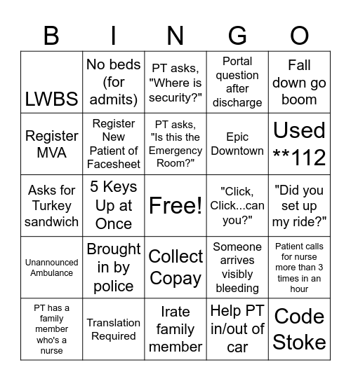 Emergency Room Bingo Card