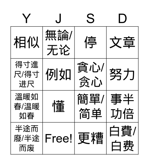 MZ Chinese B6L4 W1& W2 Bingo Card