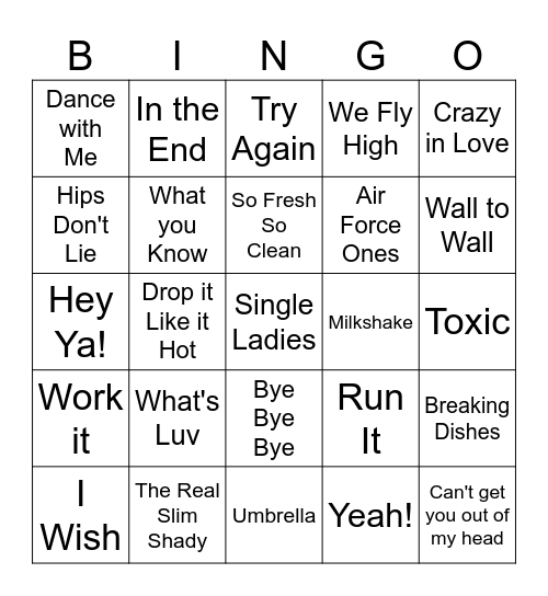 2000s Hip Hop vs Pop Bingo Card