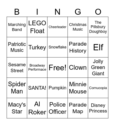 Macy's Thanksgiving Day Parade Bingo Card