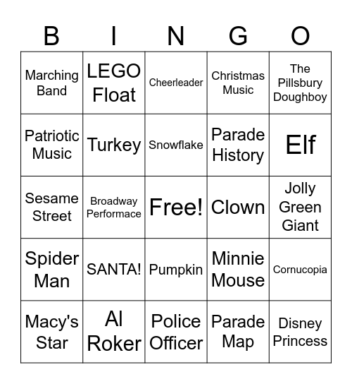 Macy's Thanksgiving Day Parade Bingo Card
