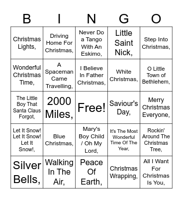 Christmas Bingo Hits Bingo Card